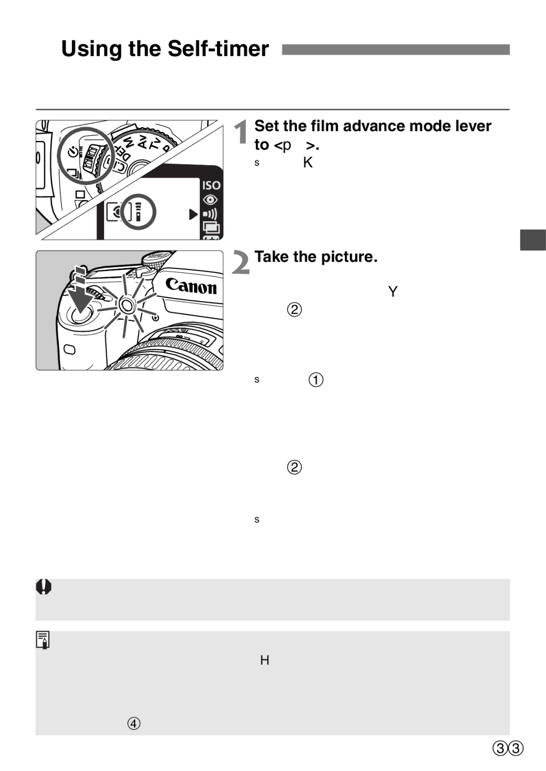 Canon EOS Elan 7NE Body Only manual QUsing the Self-timer, Set the film advance mode lever to p, 2Take the picture 