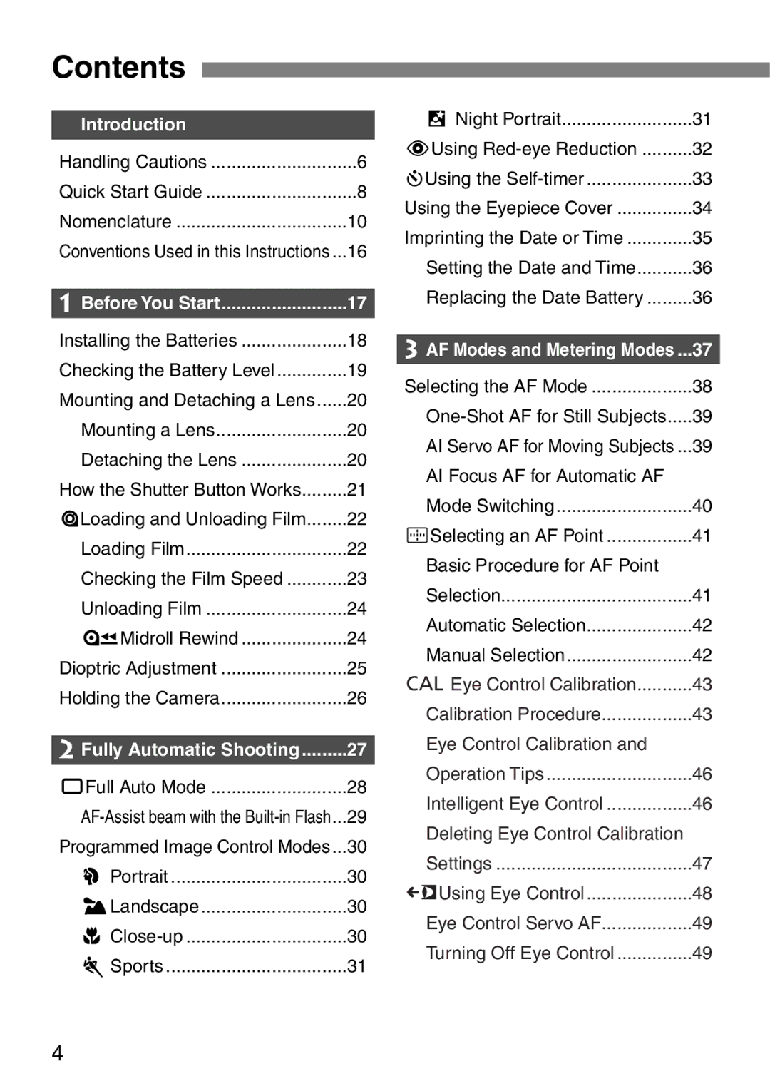 Canon EOS Elan 7NE Body Only manual Contents 