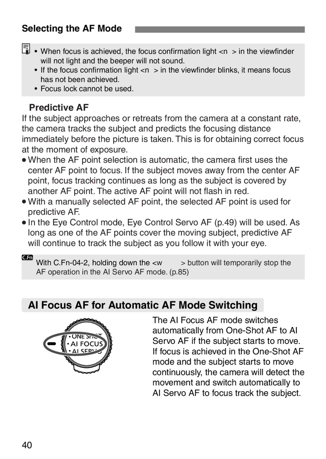 Canon EOS Elan 7NE Body Only manual AI Focus AF for Automatic AF Mode Switching, Selecting the AF Mode, ∗ Predictive AF 