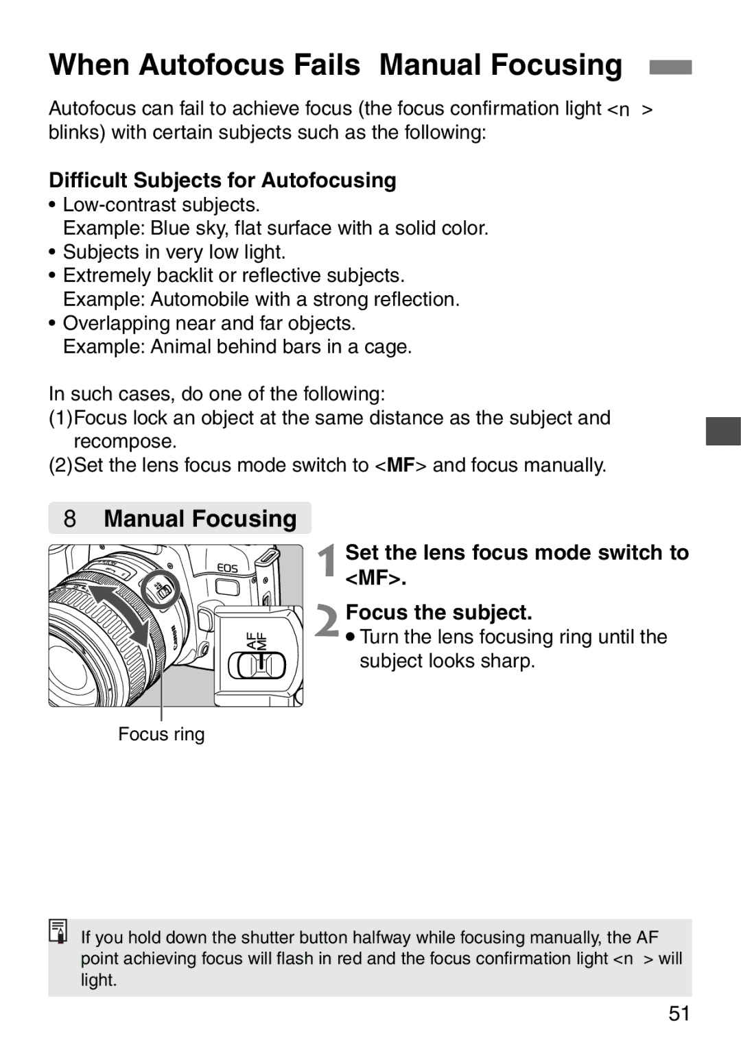 Canon EOS Elan 7NE Body Only When Autofocus Fails Manual Focusing, 8Manual Focusing, Difficult Subjects for Autofocusing 