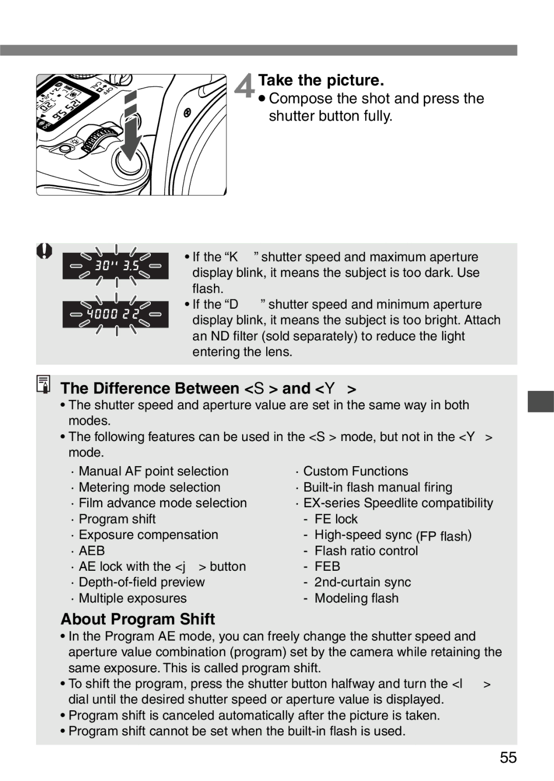 Canon EOS Elan 7NE Body Only manual 4Take the picture, Difference Between S and Y, About Program Shift 