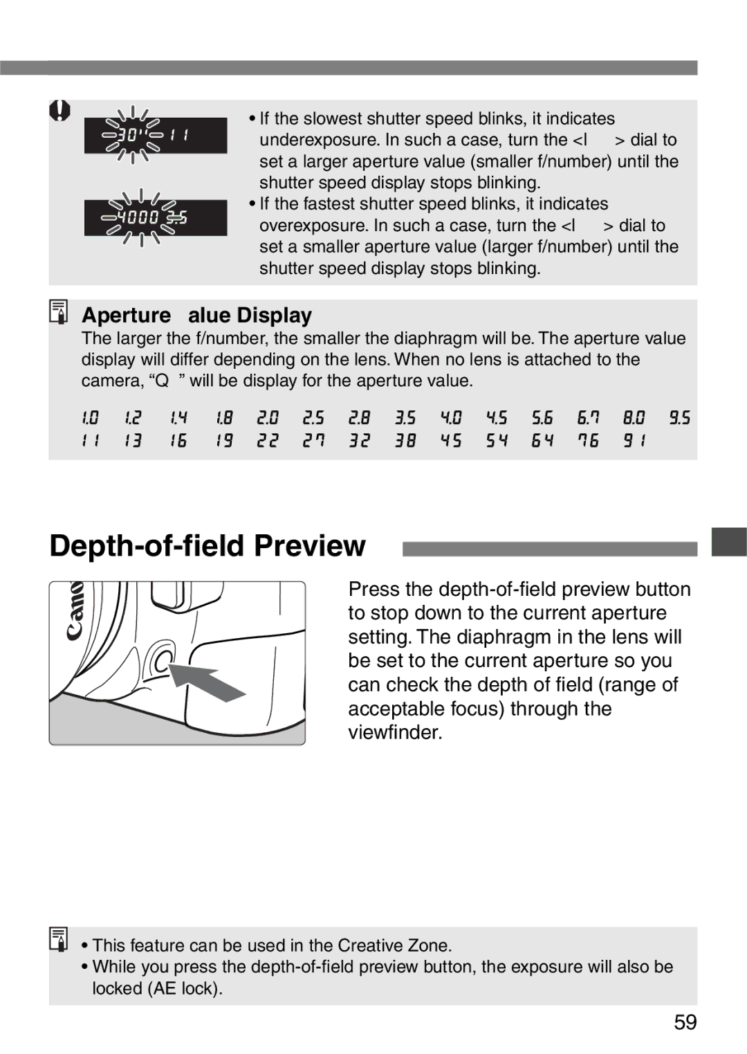 Canon EOS Elan 7NE Body Only manual Depth-of-field Preview, Aperture Value Display 