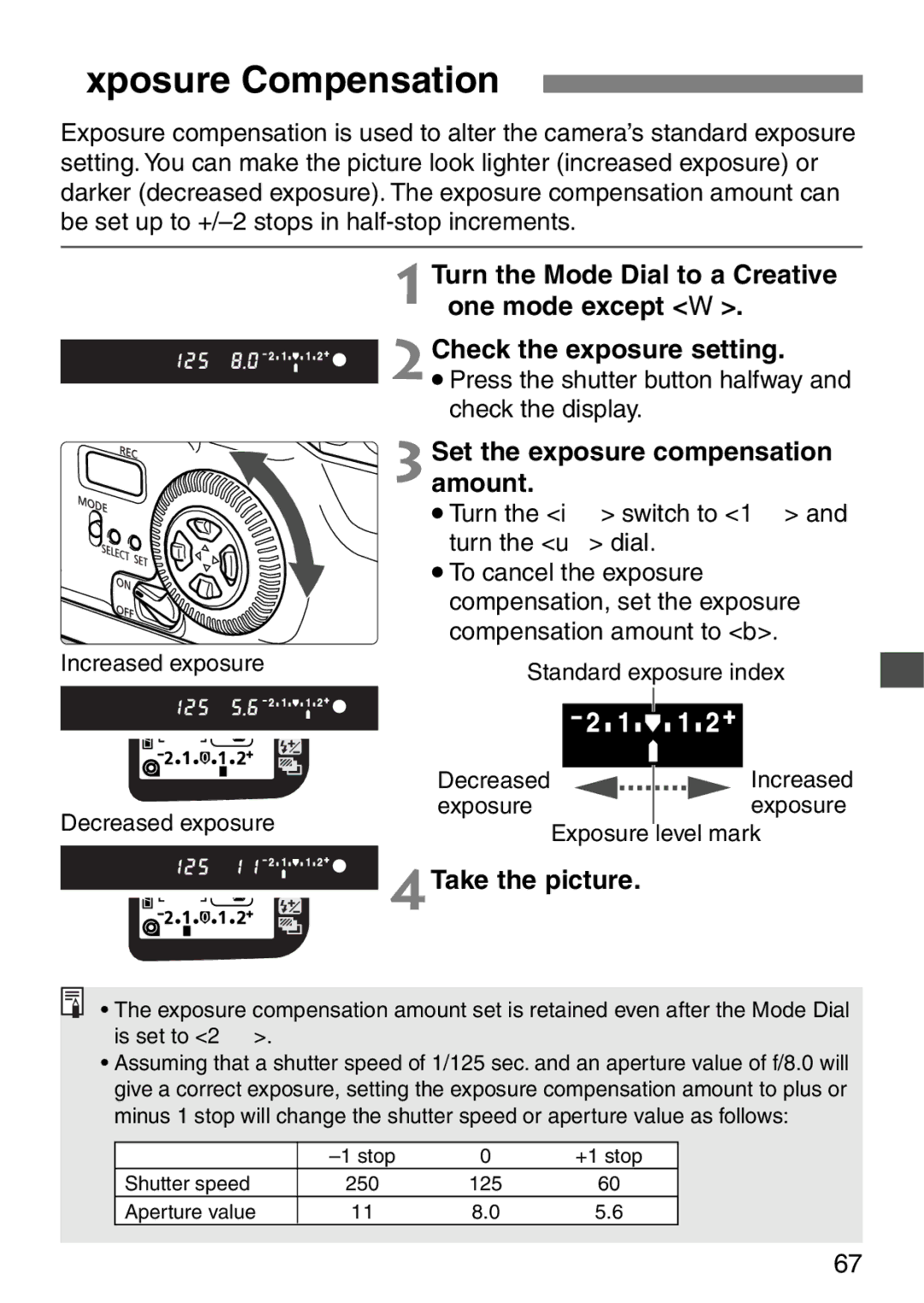 Canon EOS Elan 7NE Body Only Exposure Compensation, 2Check the exposure setting, Set the exposure compensation amount 