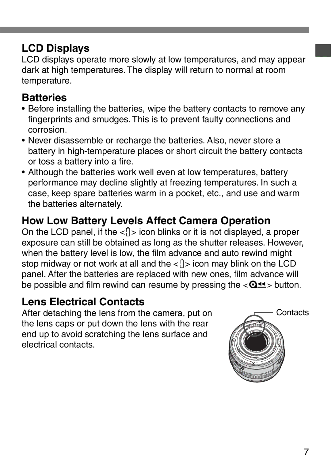 Canon EOS Elan 7NE Body Only manual LCD Displays, Batteries, How Low Battery Levels Affect Camera Operation 