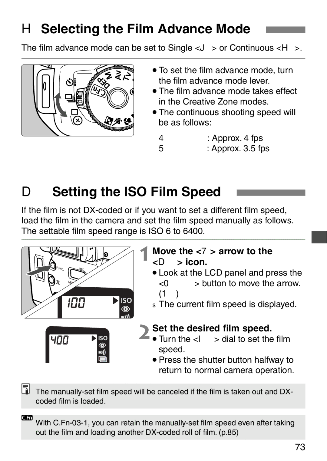 Canon EOS Elan 7NE Body Only HSelecting the Film Advance Mode, Setting the ISO Film Speed, 2Set the desired film speed 