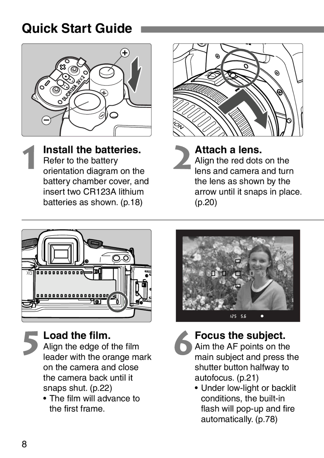 Canon EOS Elan 7NE Body Only manual Quick Start Guide, Install the batteries Attach a lens, Load the film 