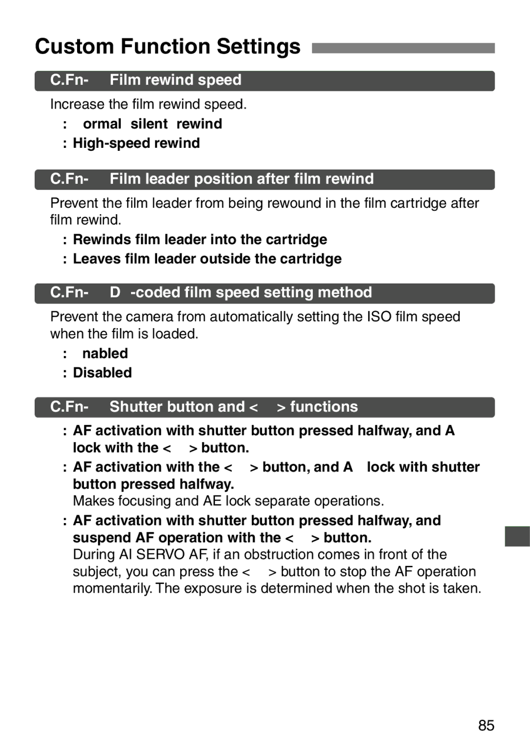 Canon EOS Elan 7NE Body Only manual Custom Function Settings, Increase the film rewind speed, Enabled Disabled 