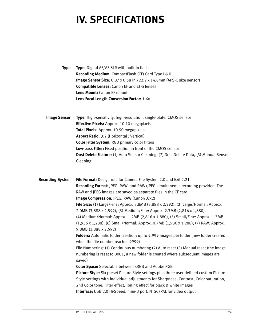 Canon EOS manual IV. Specifications, Type, Lens Focal Length Conversion Factor, Image Sensor 