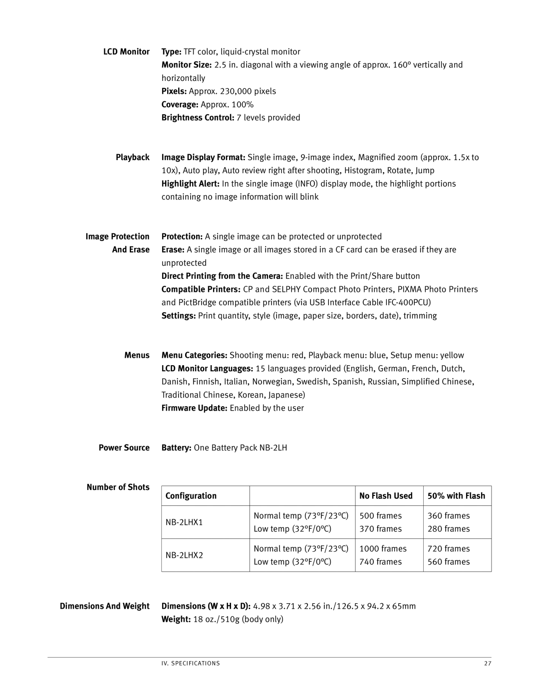 Canon EOS manual Brightness Control 7 levels provided Playback, Erase, Menus, Power Source 