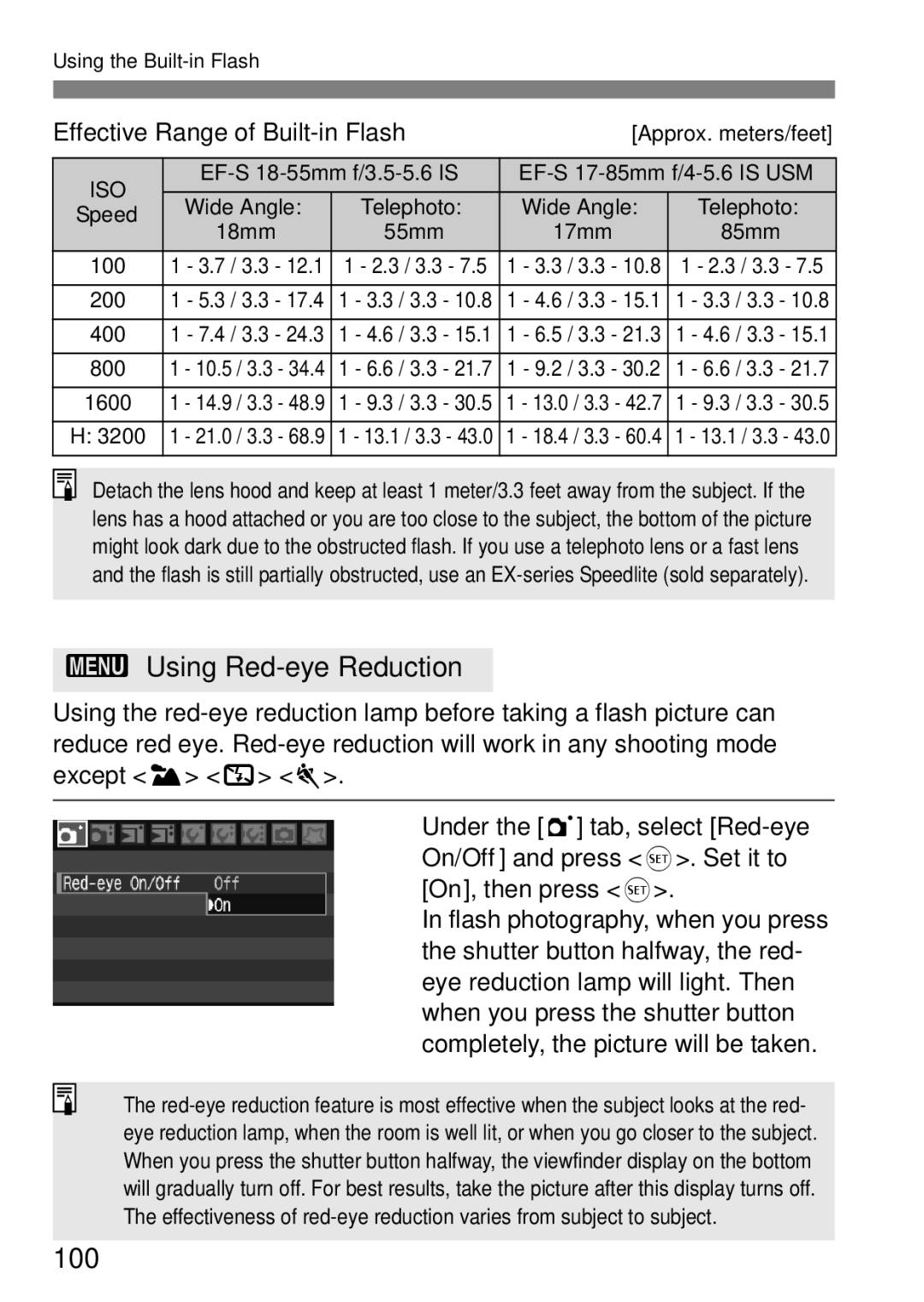 Canon EOS40D instruction manual Using Red-eye Reduction, 100, Effective Range of Built-in Flash 