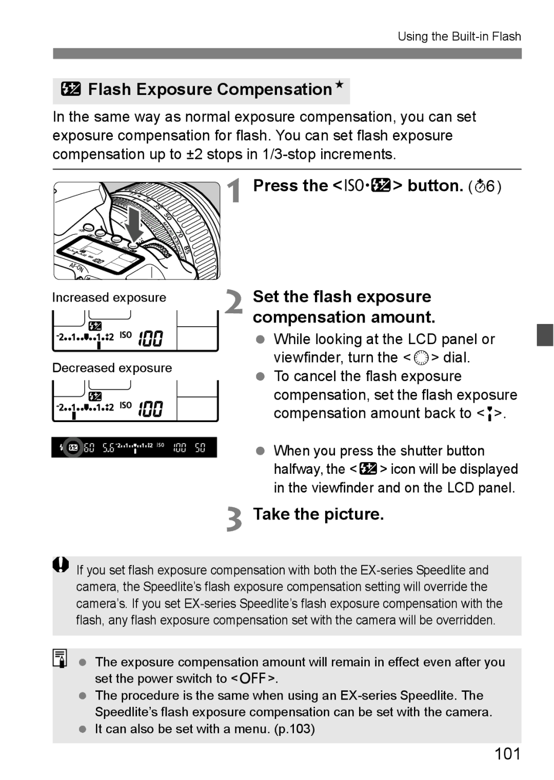 Canon EOS40D instruction manual Flash Exposure CompensationN, Set the flash exposure compensation amount, 101 