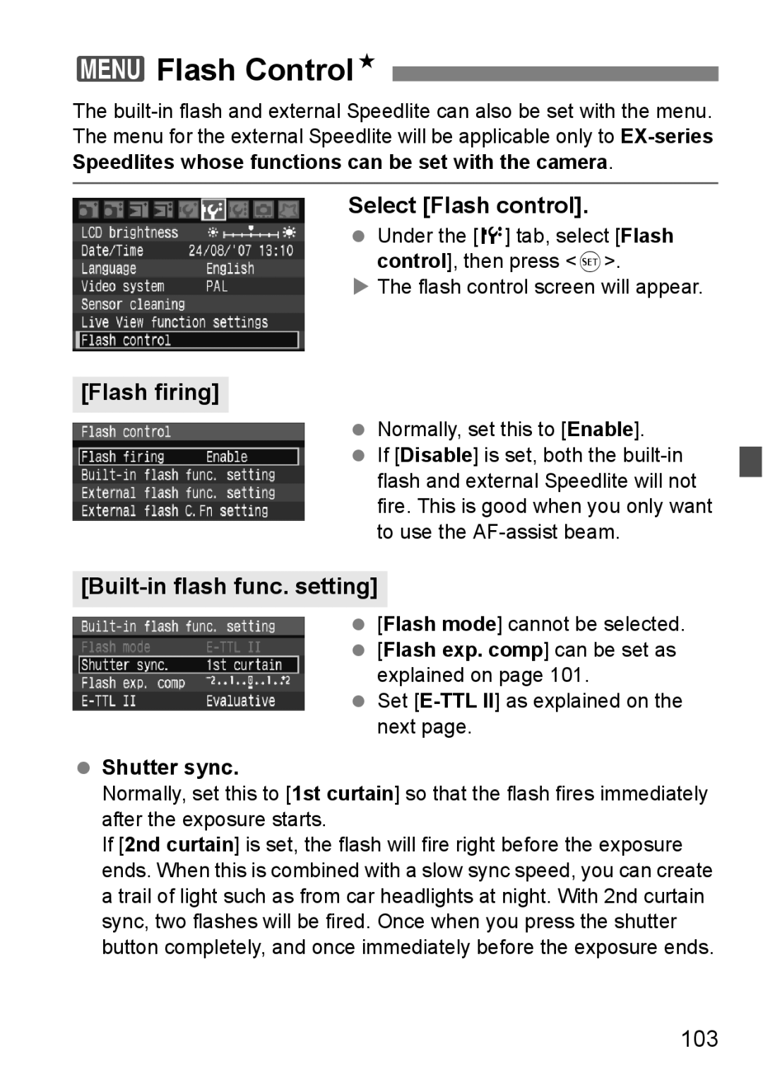 Canon EOS40D instruction manual 3Flash ControlN, Select Flash control, Flash firing, Built-in flash func. setting, 103 