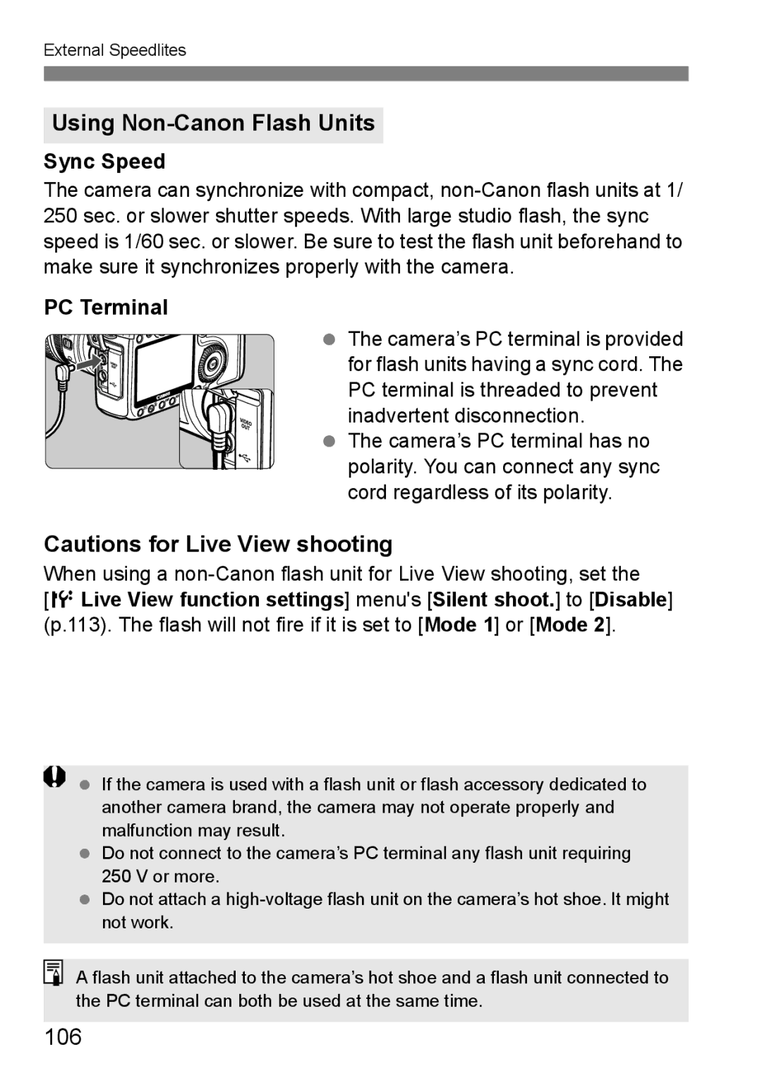 Canon EOS40D instruction manual Using Non-Canon Flash Units, 106, Sync Speed, PC Terminal 