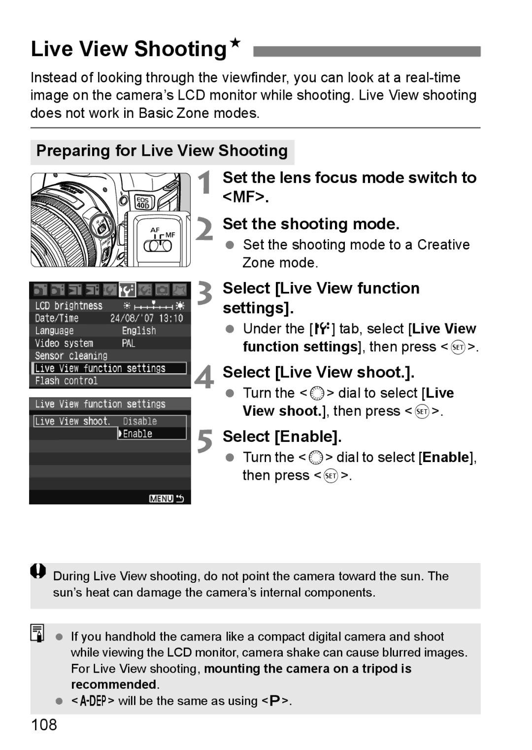 Canon EOS40D instruction manual Live View ShootingN, Select Live View shoot, Select Enable, 108 