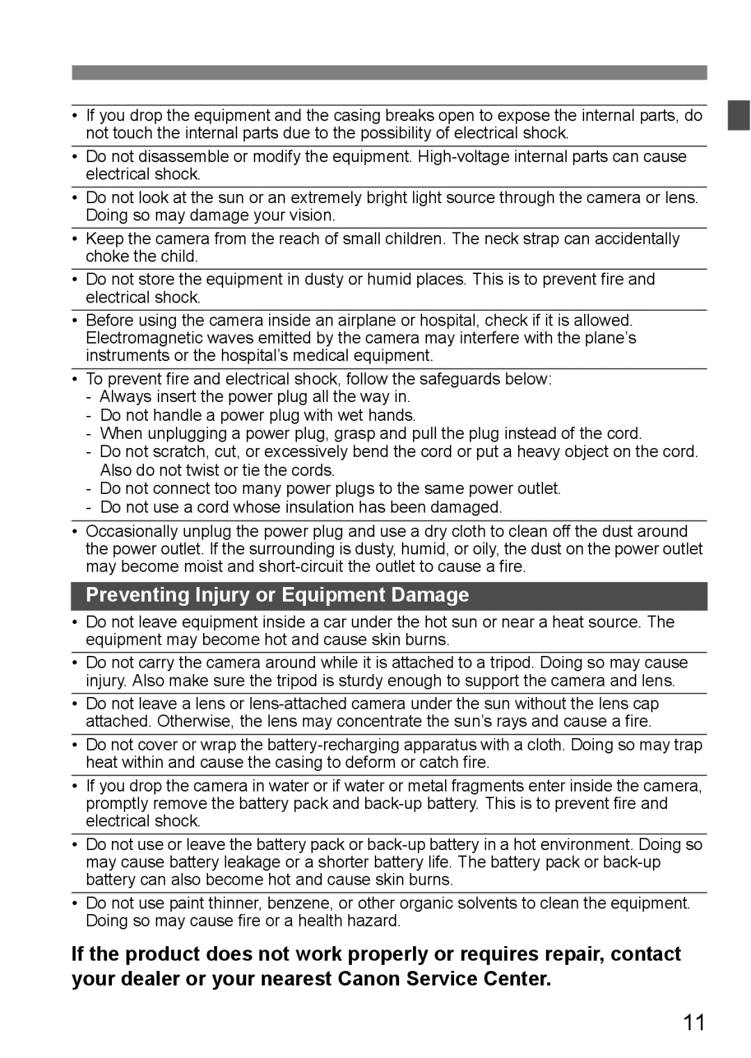 Canon EOS40D instruction manual Preventing Injury or Equipment Damage 