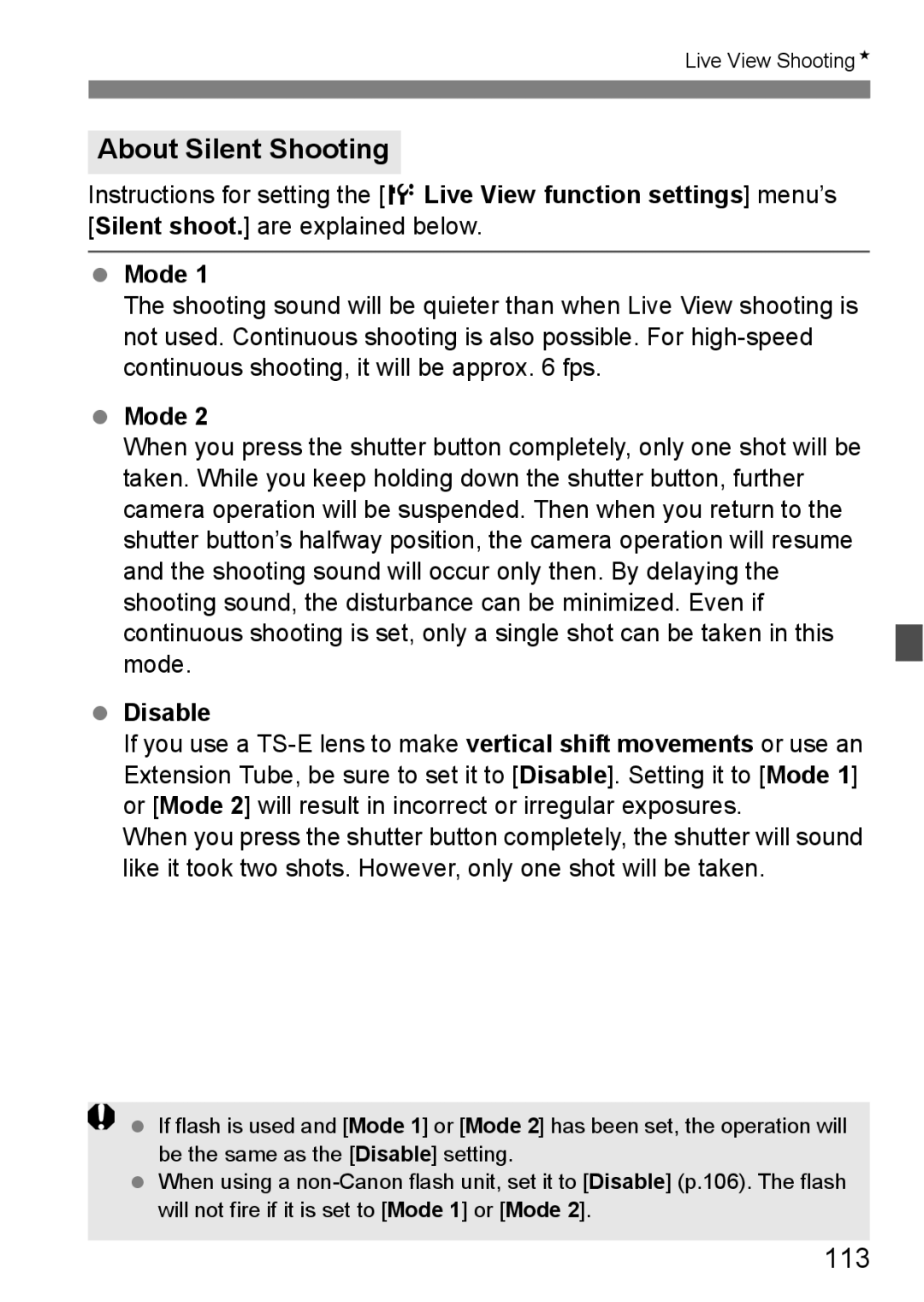 Canon EOS40D instruction manual About Silent Shooting, 113, Mode, Disable 