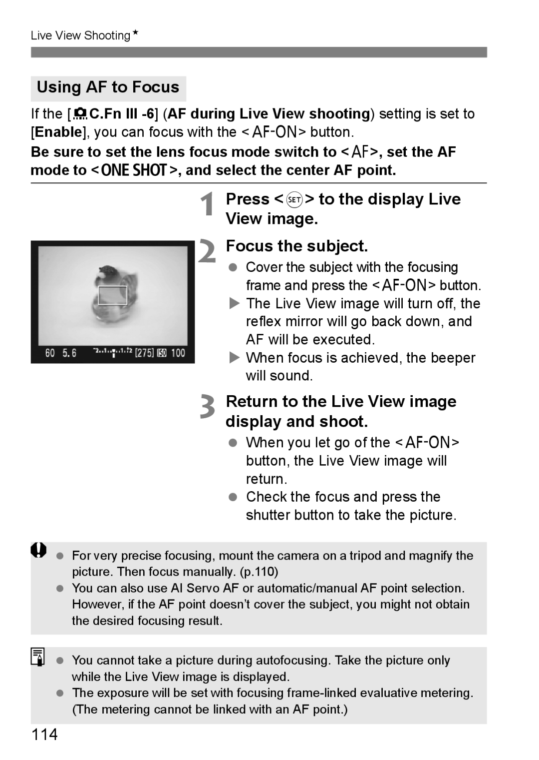 Canon EOS40D instruction manual Using AF to Focus, Press 0 to the display Live View image Focus the subject, 114 