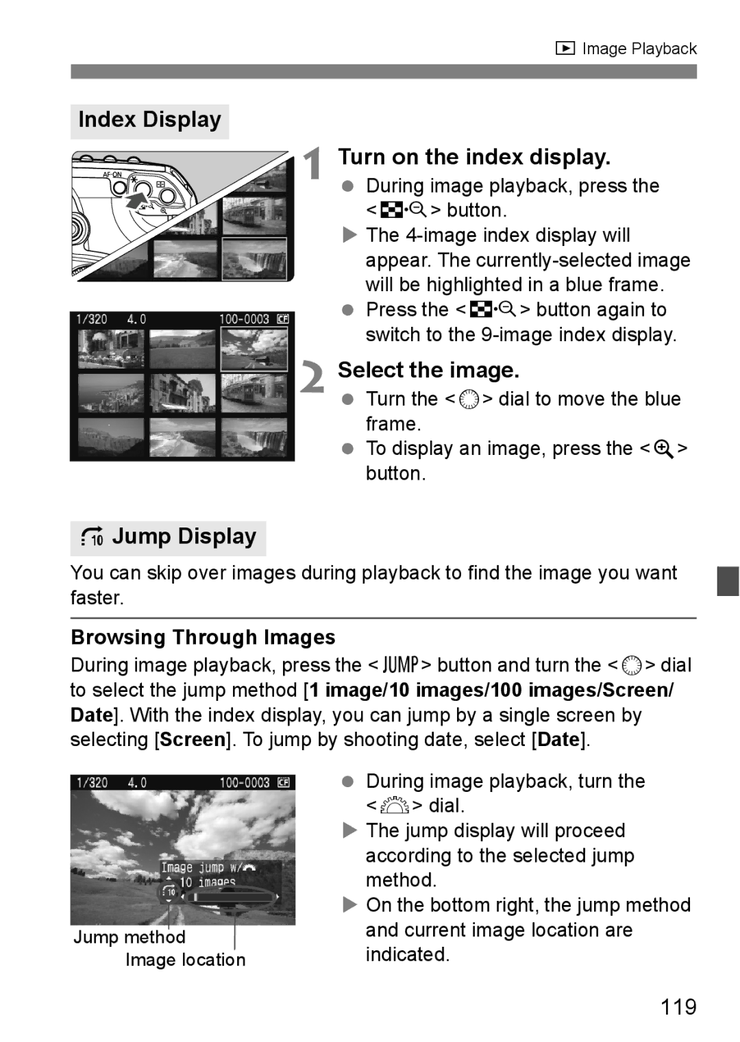 Canon EOS40D instruction manual Index Display Turn on the index display, IJump Display, 119, Browsing Through Images 