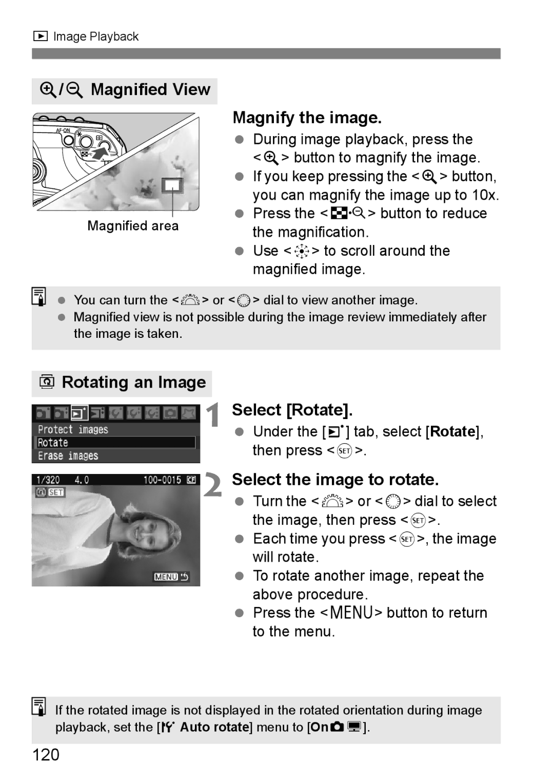 Canon EOS40D YMagnified View, Magnify the image, BRotating an Image Select Rotate, Select the image to rotate, 120 