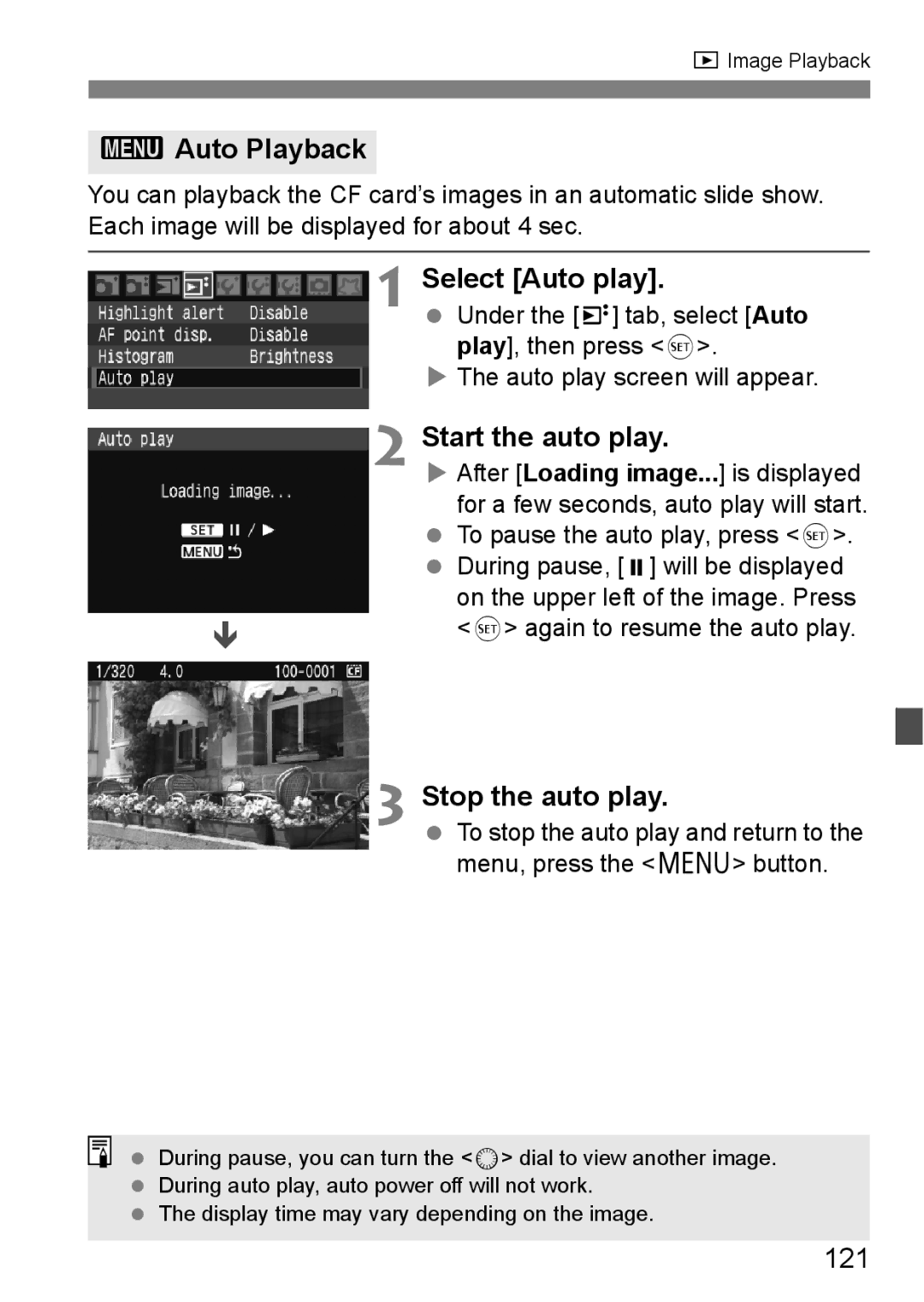 Canon EOS40D instruction manual 3Auto Playback, Select Auto play, Start the auto play, Stop the auto play, 121 