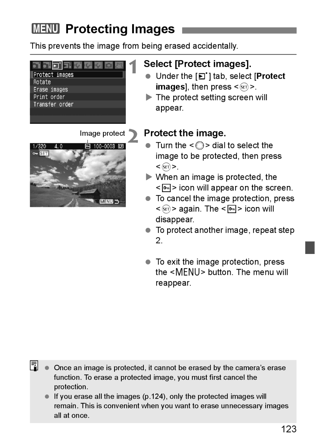 Canon EOS40D instruction manual 3Protecting Images, Select Protect images, Protect the image, 123 