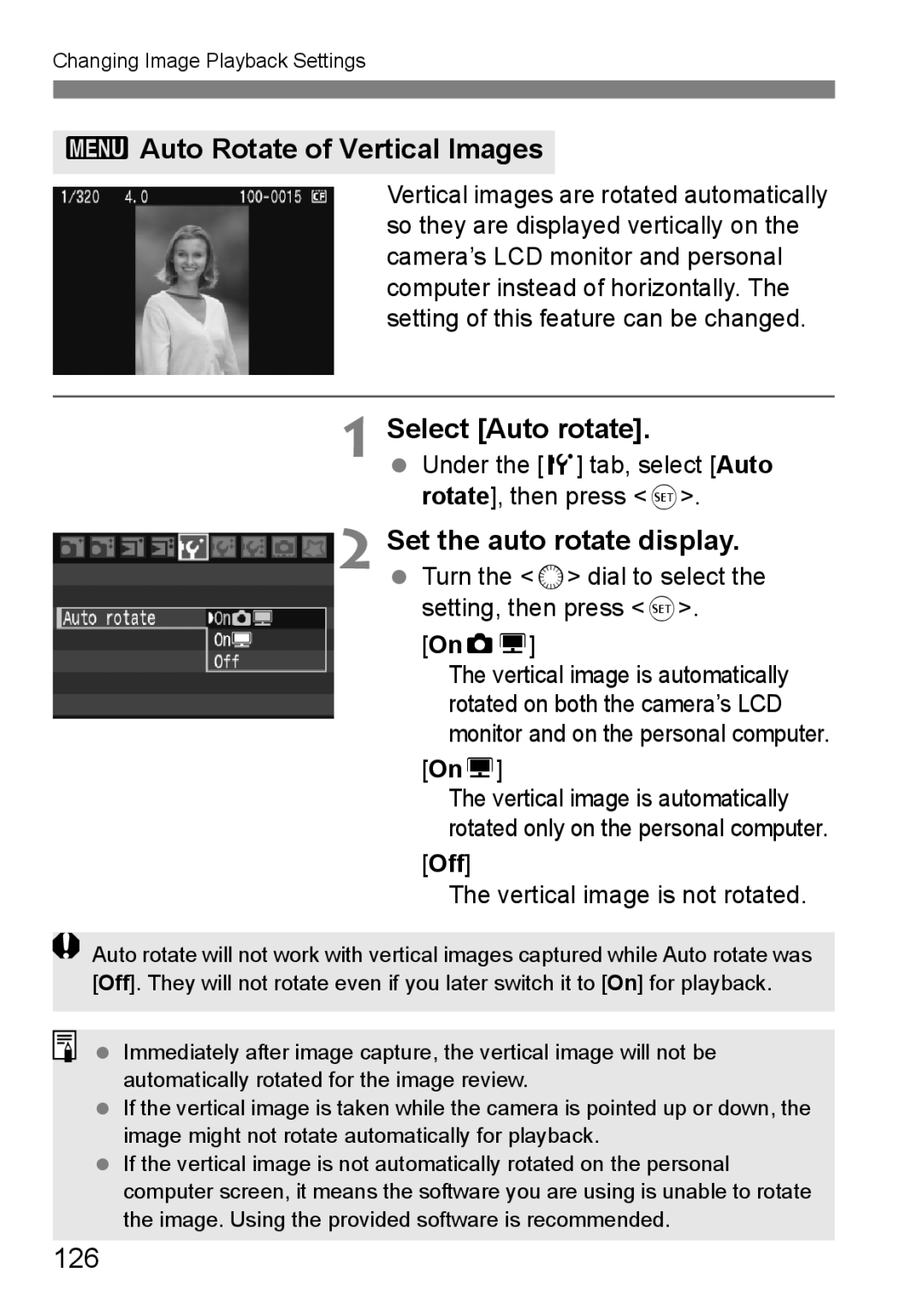 Canon EOS40D instruction manual 3Auto Rotate of Vertical Images, Select Auto rotate, 126, OnD, Off 