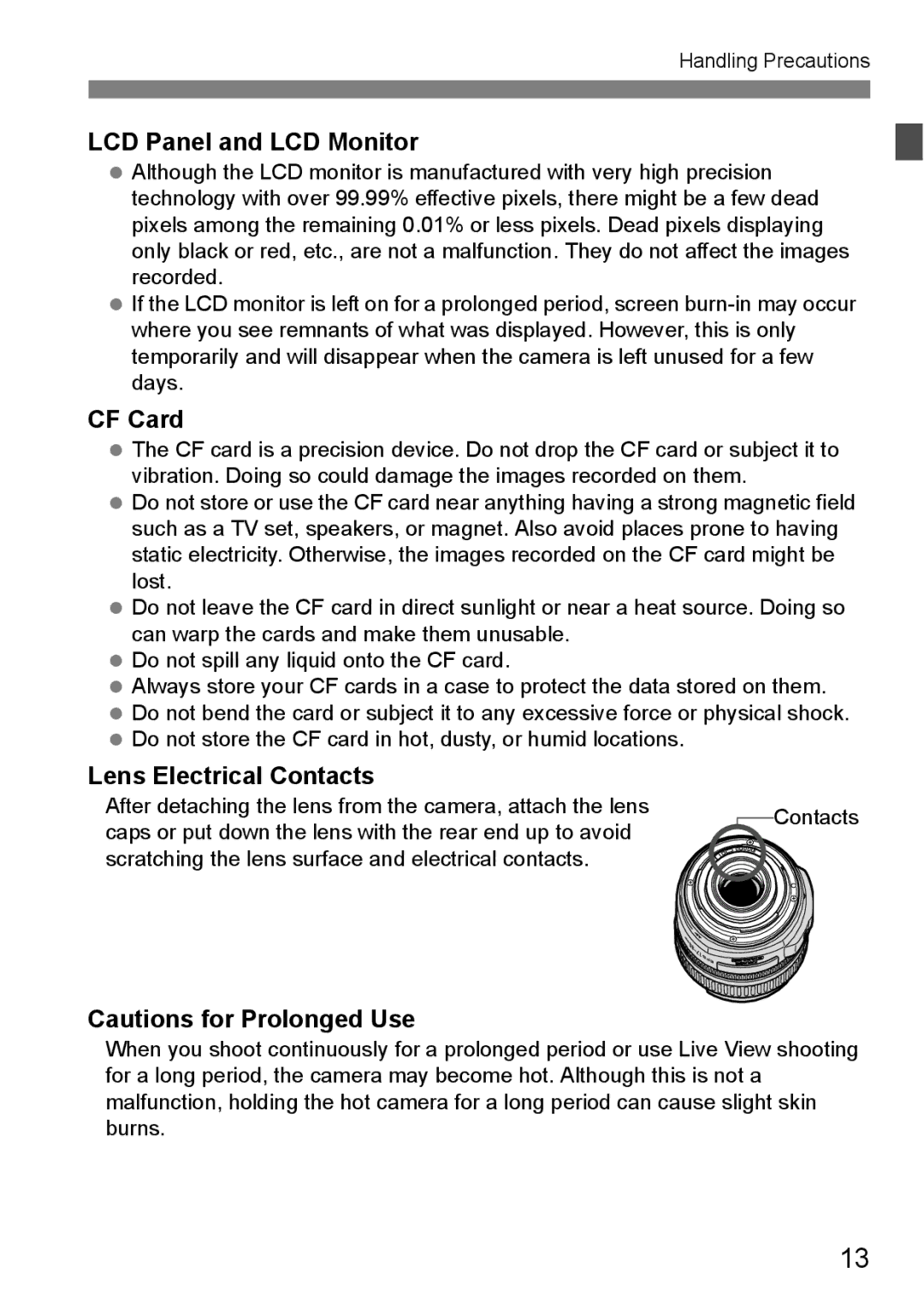 Canon EOS40D instruction manual LCD Panel and LCD Monitor, CF Card, Lens Electrical Contacts 