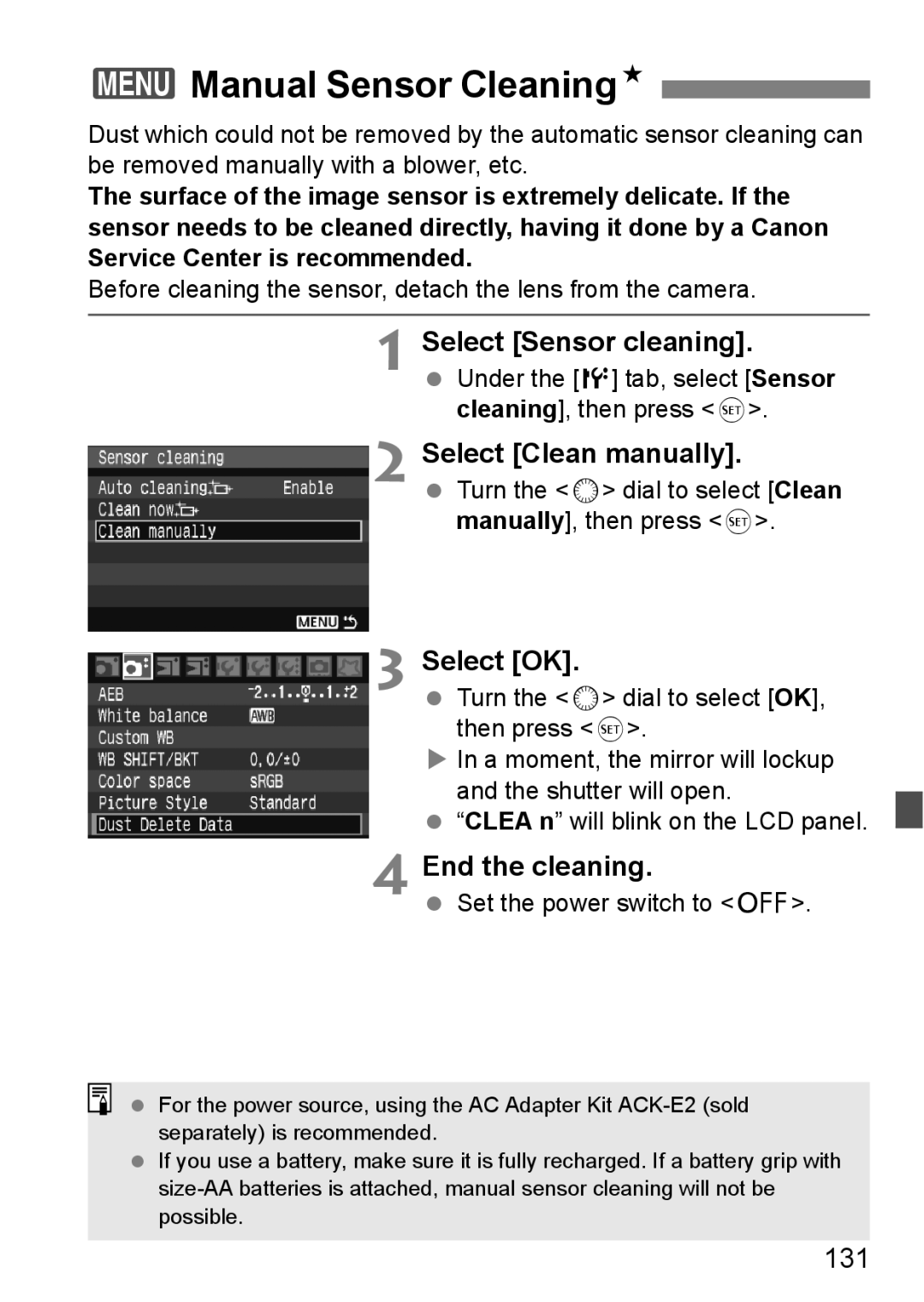 Canon EOS40D 3Manual Sensor CleaningN, Select Sensor cleaning, Select Clean manually, End the cleaning, 131 