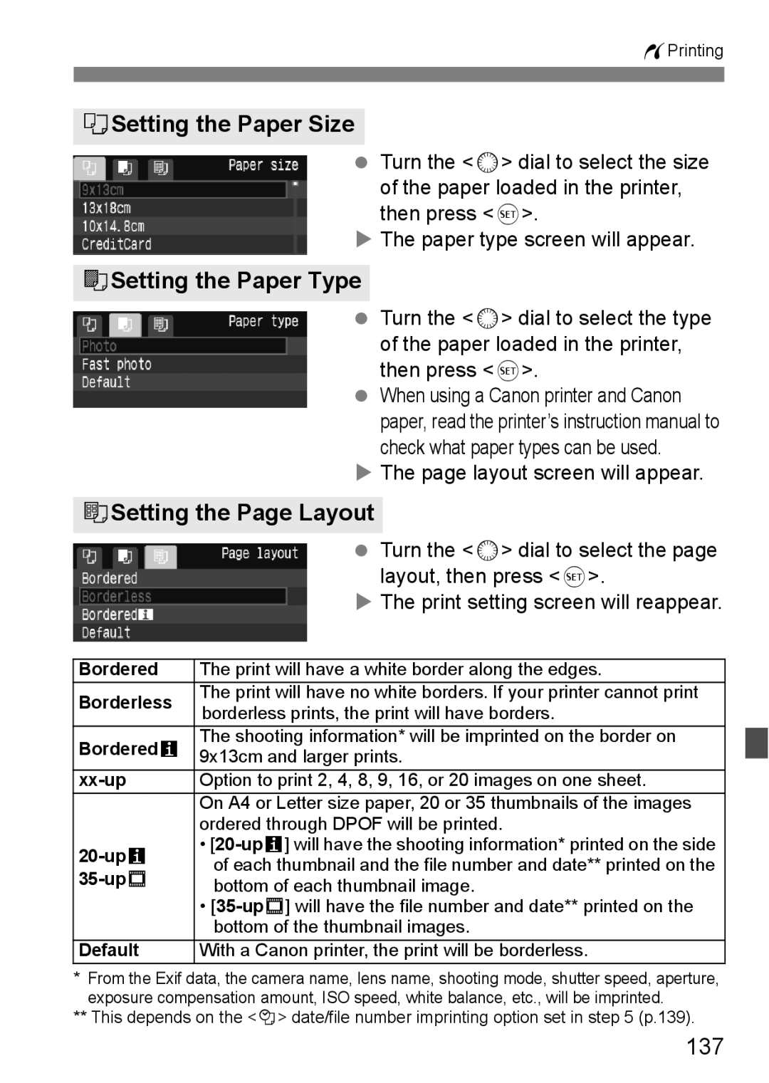 Canon EOS40D QSetting the Paper Size, YSetting the Paper Type, USetting the Page Layout, 137, Layout, then press 