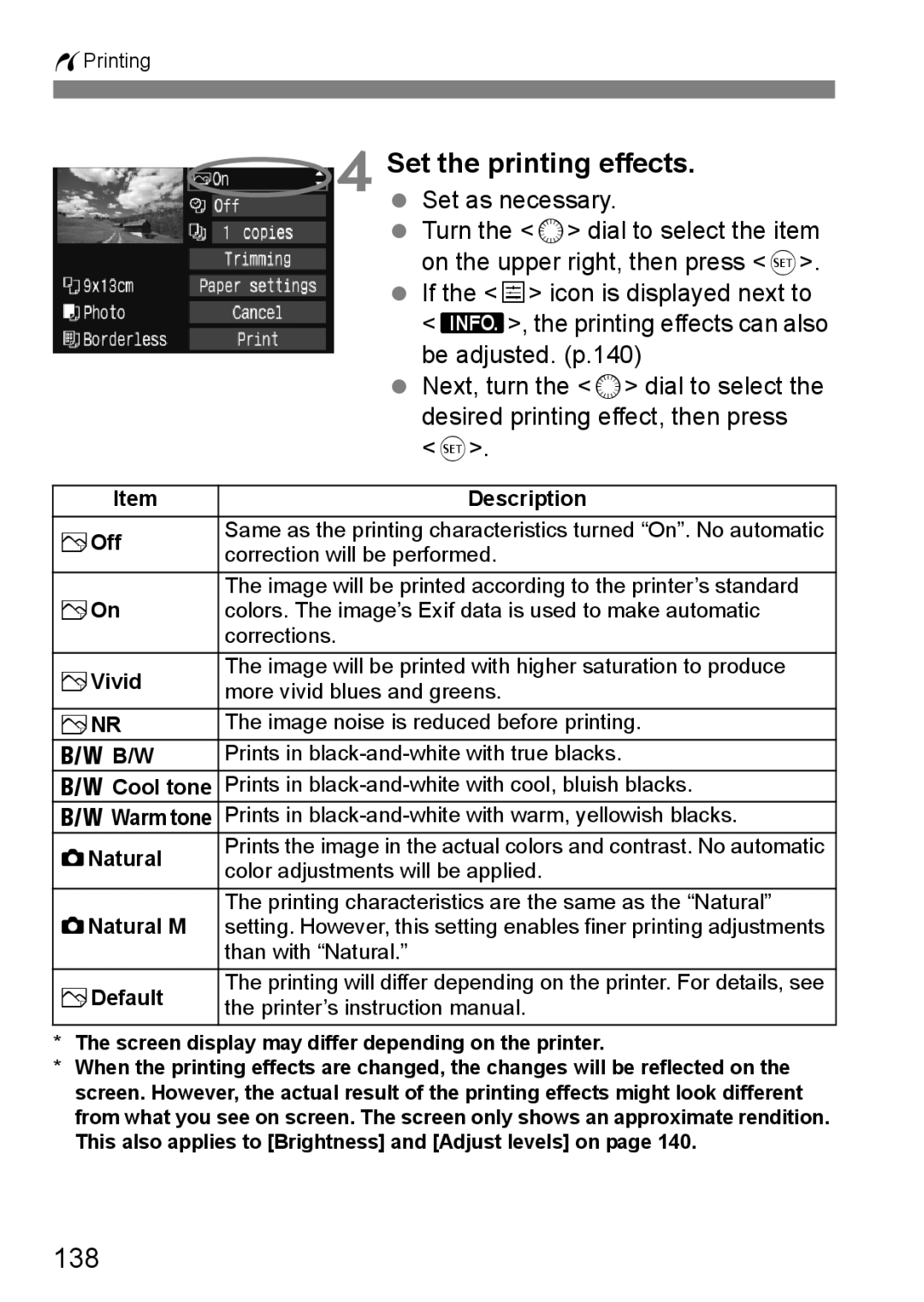 Canon EOS40D instruction manual Set the printing effects, 138 