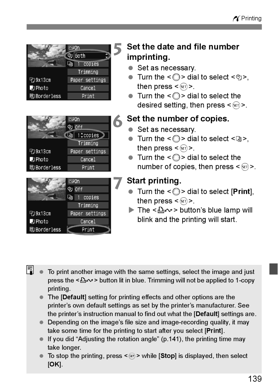 Canon EOS40D instruction manual Set the date and file number imprinting, Start printing, 139 