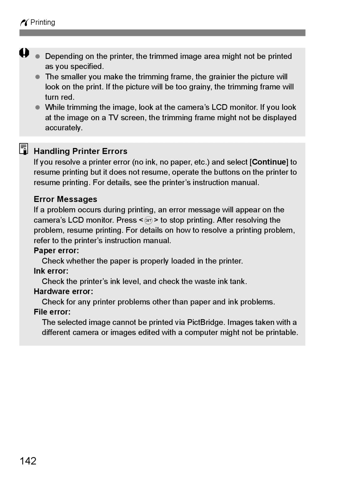 Canon EOS40D instruction manual 142, Handling Printer Errors Error Messages 