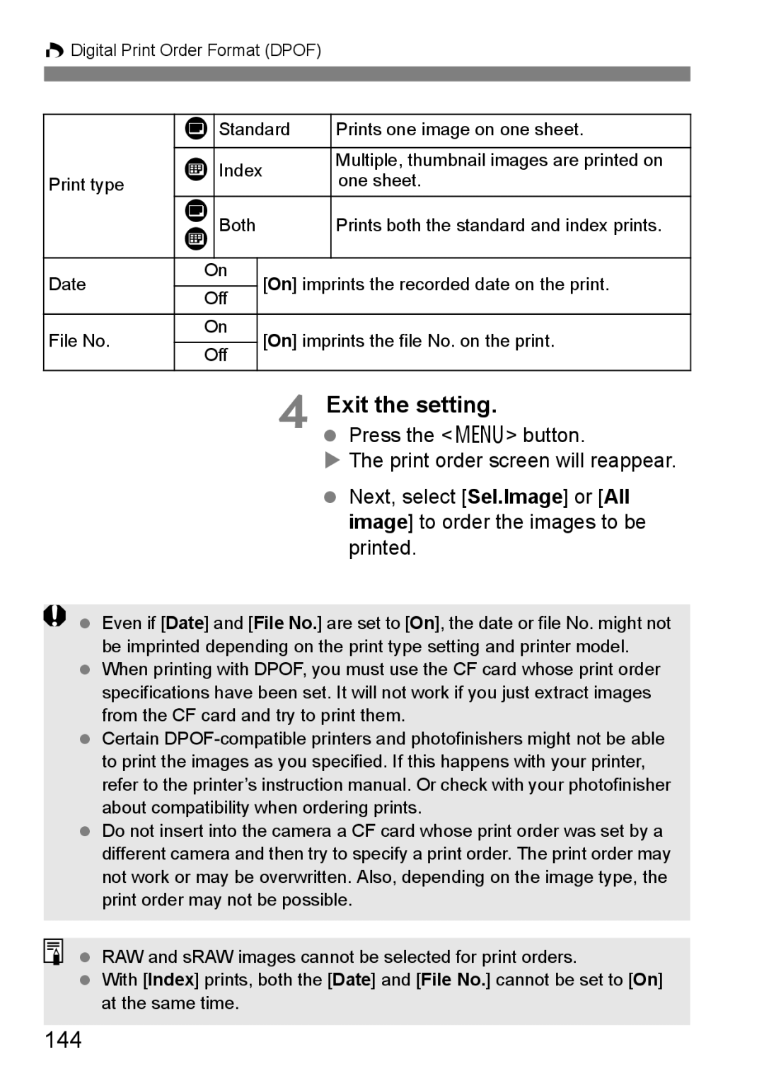 Canon EOS40D instruction manual Exit the setting, 144, Press the 7 button 