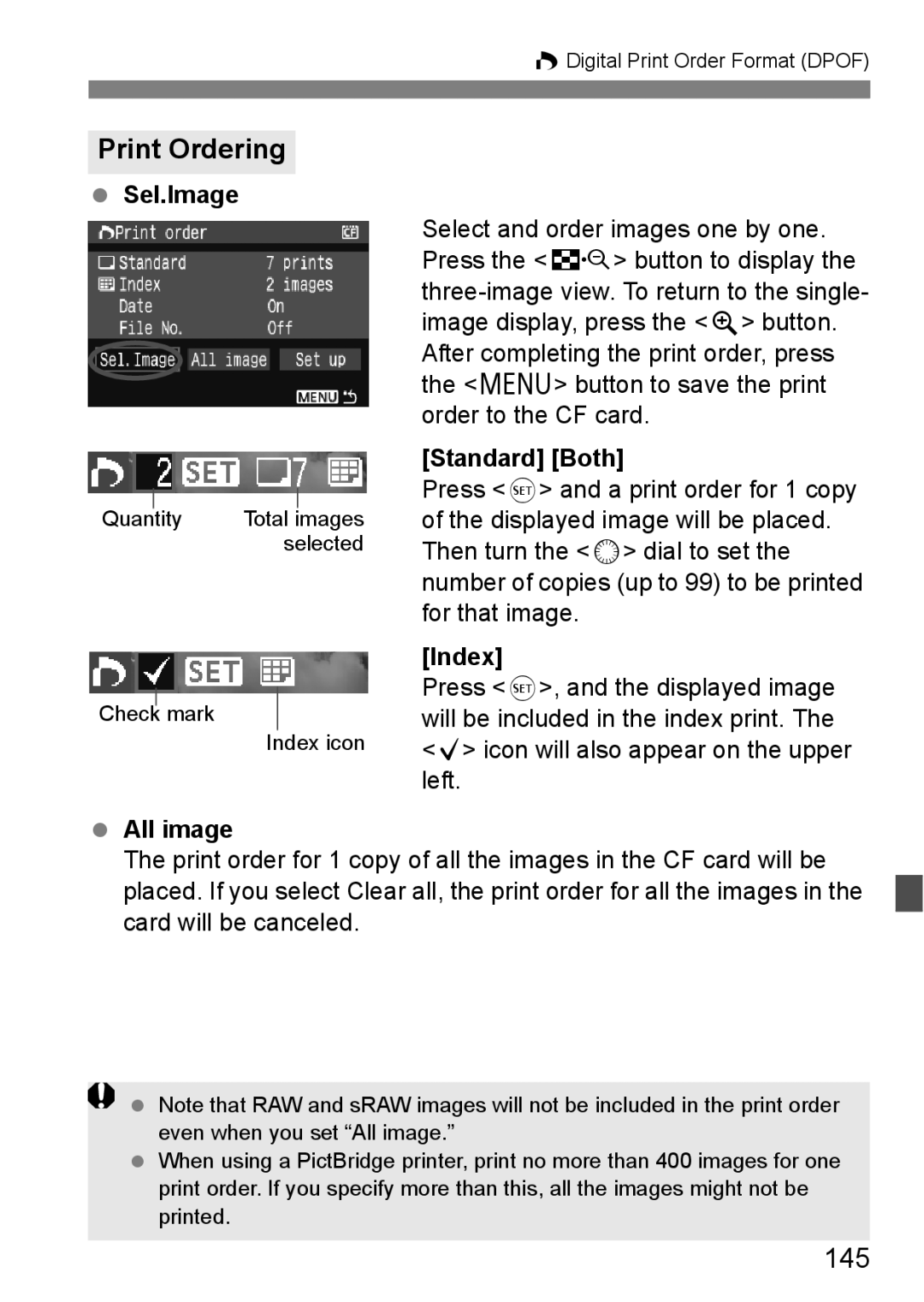 Canon EOS40D instruction manual Print Ordering, 145 