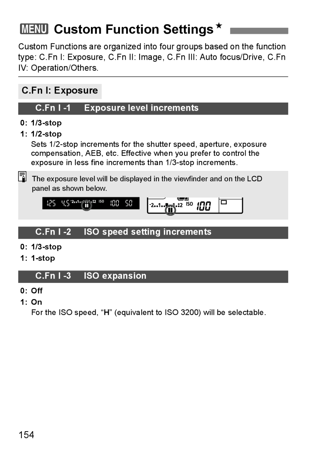 Canon EOS40D instruction manual 3Custom Function SettingsN, Fn I Exposure, 154 