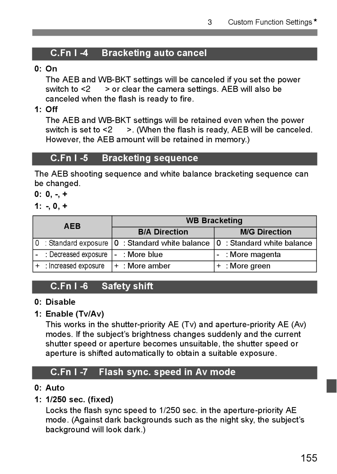 Canon EOS40D instruction manual 155, Fn I -4 Bracketing auto cancel, Fn I -5 Bracketing sequence, Fn I -6 Safety shift 