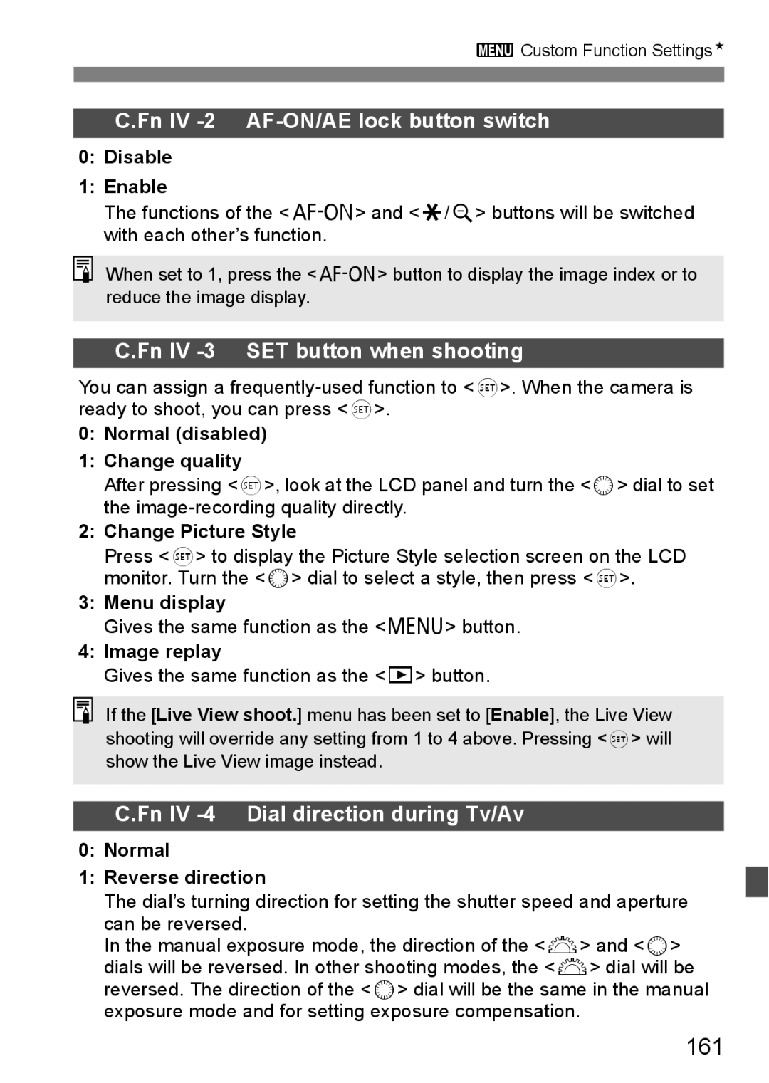 Canon EOS40D instruction manual 161, Fn IV -2 AF-ON/AE lock button switch, Fn IV -3 SET button when shooting 