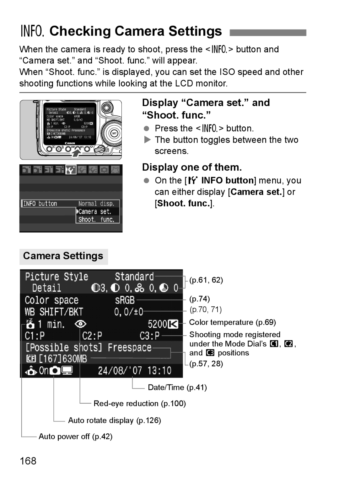 Canon EOS40D instruction manual BChecking Camera Settings, Display Camera set. and Shoot. func, Display one of them, 168 