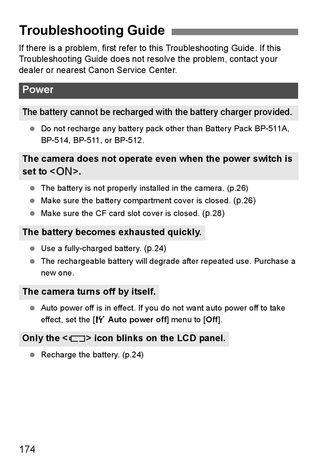 Canon EOS40D instruction manual Troubleshooting Guide, 174, Battery becomes exhausted quickly, Camera turns off by itself 