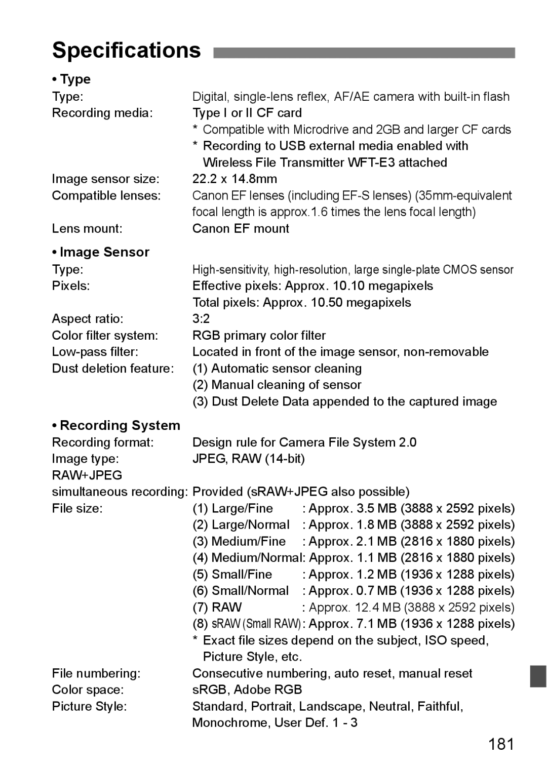 Canon EOS40D instruction manual Specifications, 181, Type, Image Sensor, Recording System 