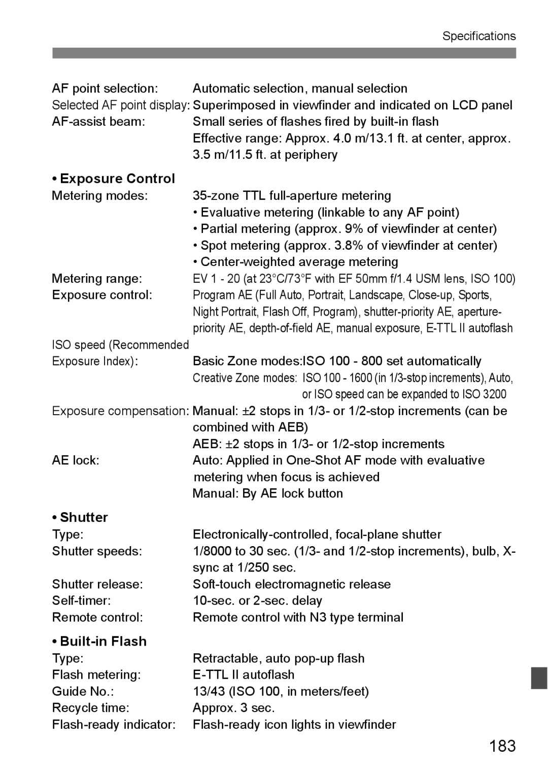 Canon EOS40D instruction manual 183, Shutter, Built-in Flash 