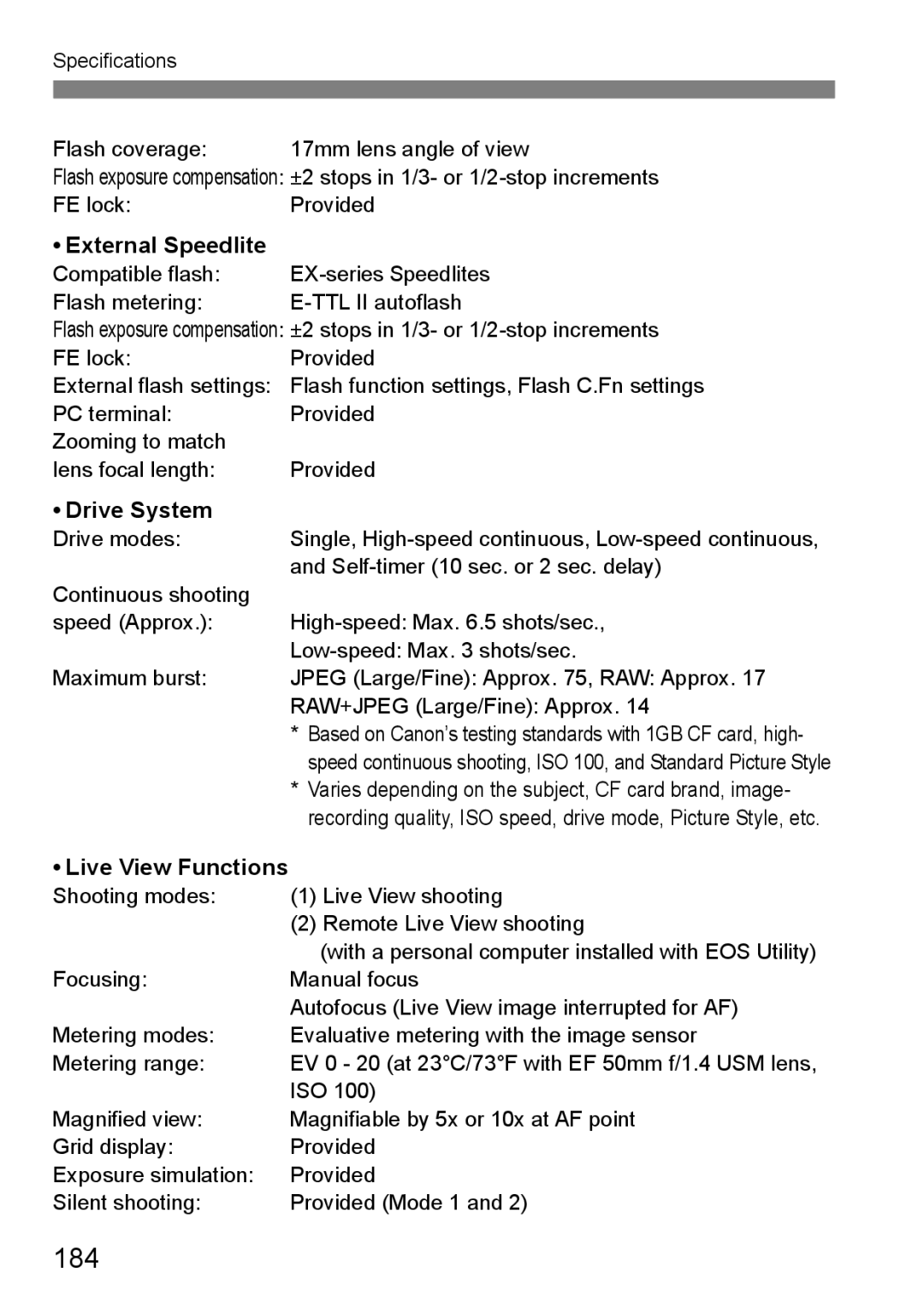 Canon EOS40D instruction manual 184, External Speedlite, Drive System, Live View Functions 