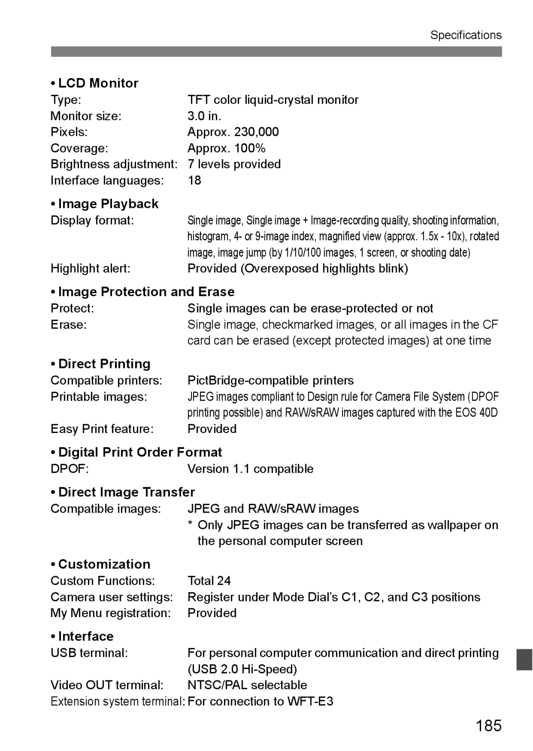 Canon EOS40D instruction manual 185 