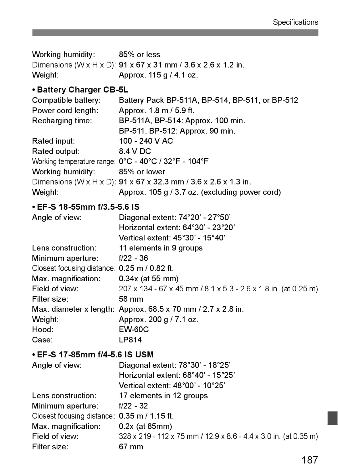 Canon EOS40D instruction manual 187, Battery Charger CB-5L, EF-S 18-55mm f/3.5-5.6 is, EF-S 17-85mm f/4-5.6 is USM 