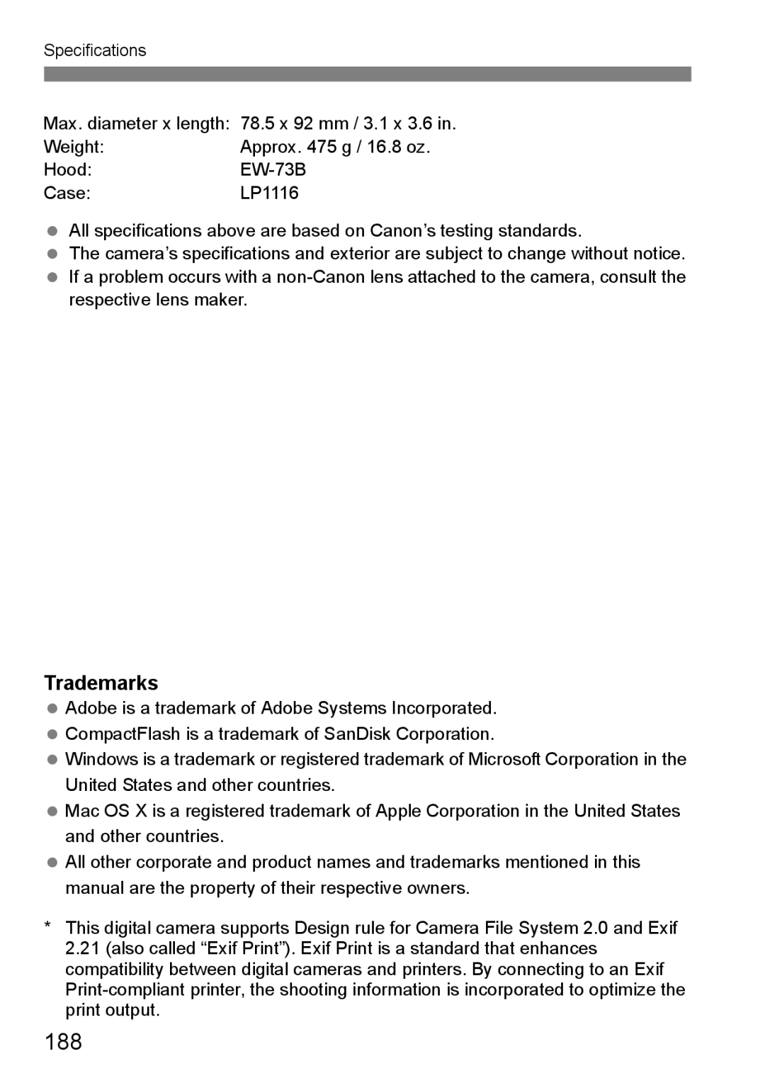 Canon EOS40D instruction manual 188, Trademarks 