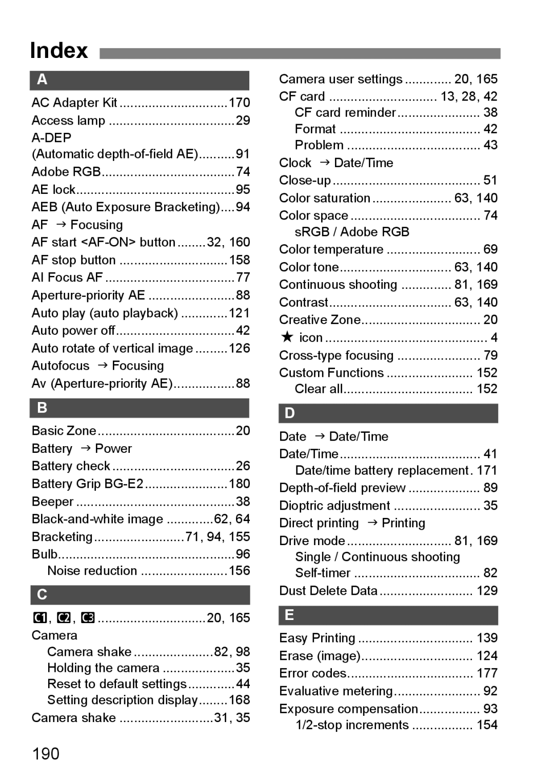 Canon EOS40D instruction manual Index, 190 