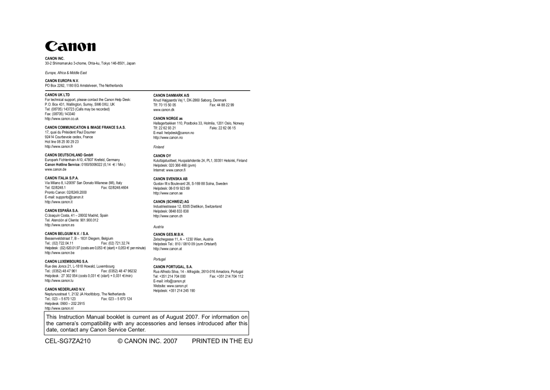 Canon EOS40D instruction manual Canon INC, Canon Europa N.V 