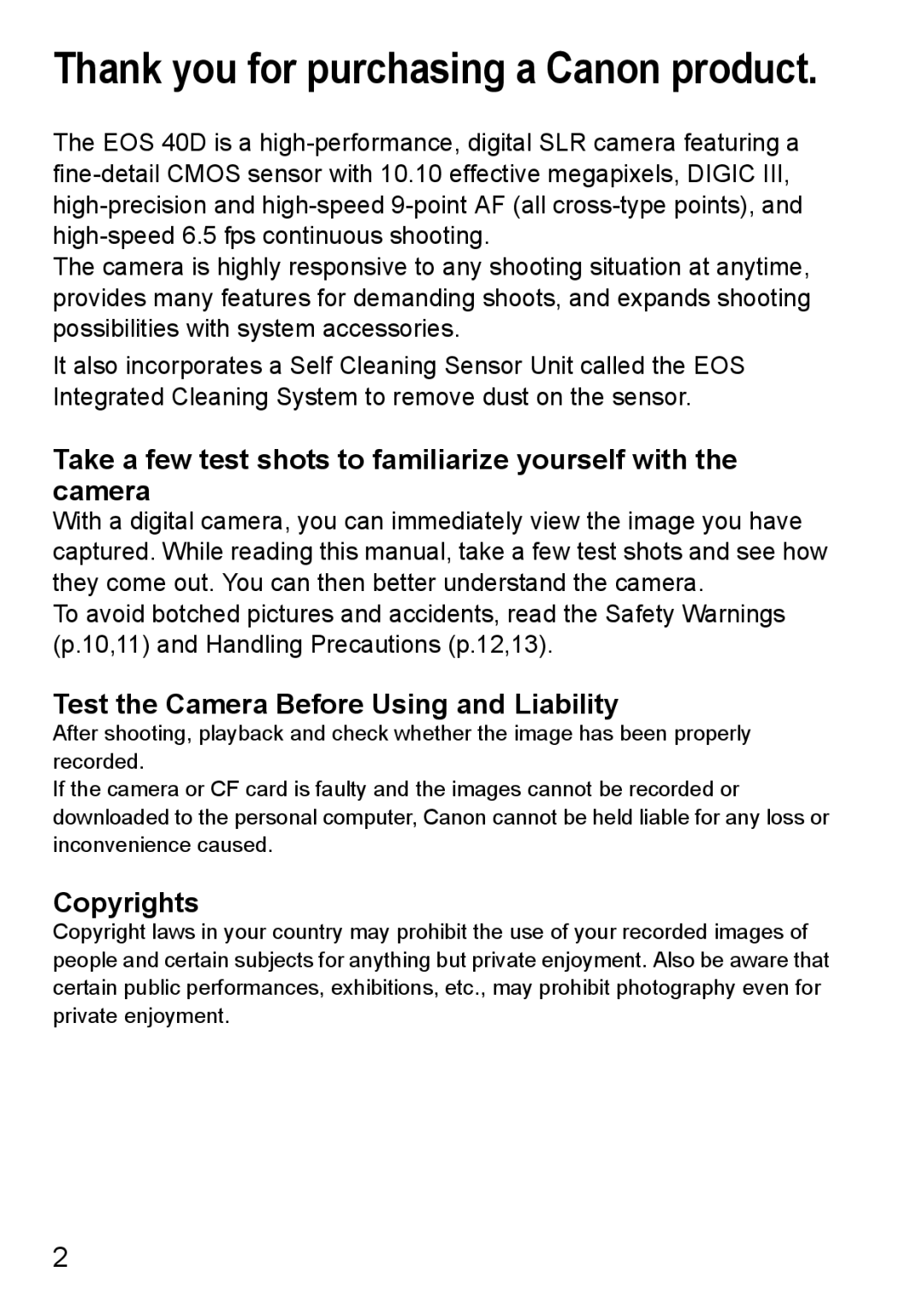 Canon EOS40D instruction manual Test the Camera Before Using and Liability, Copyrights 