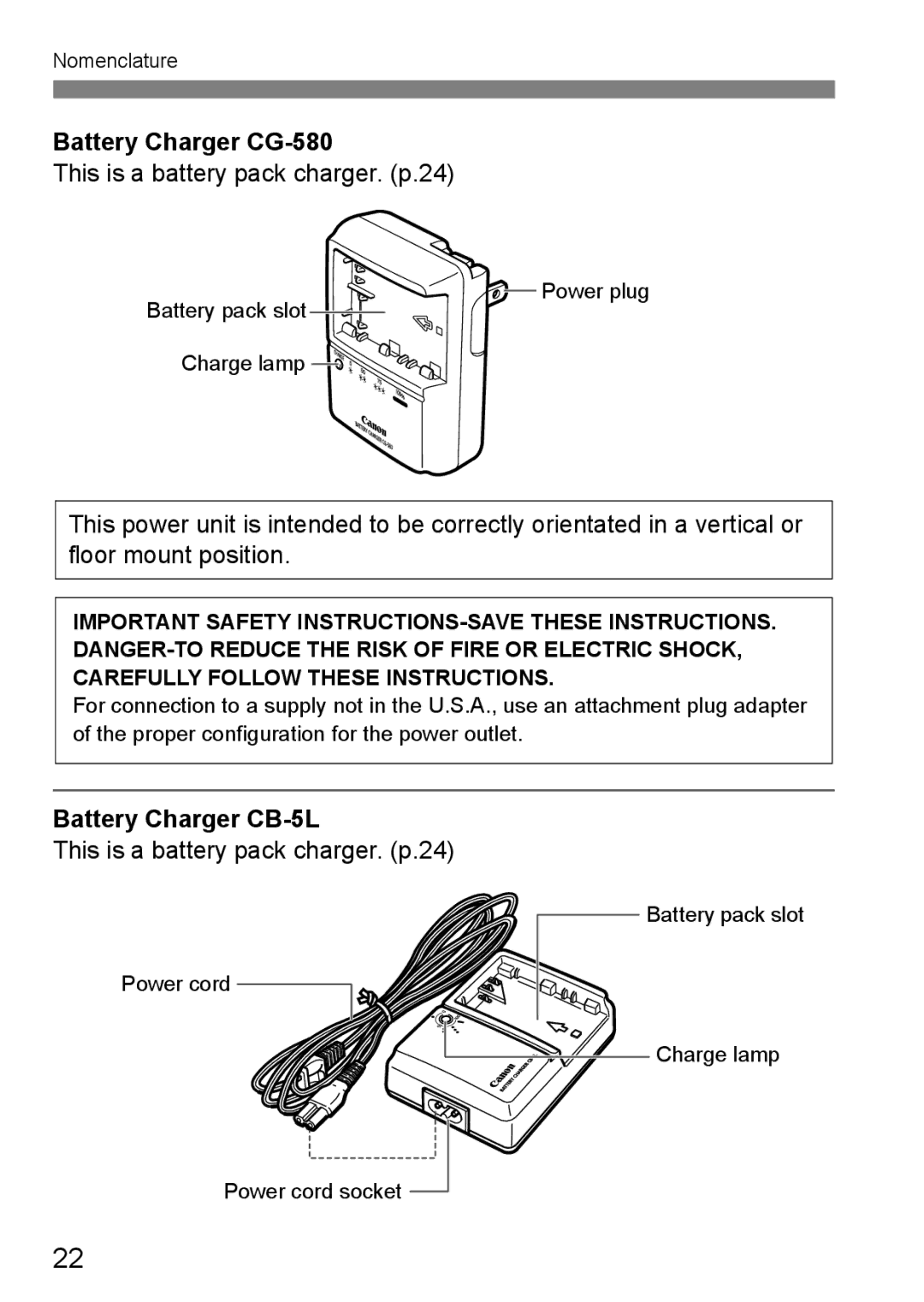 Canon EOS40D instruction manual Battery Charger CG-580, This is a battery pack charger. p.24, Battery Charger CB-5L 