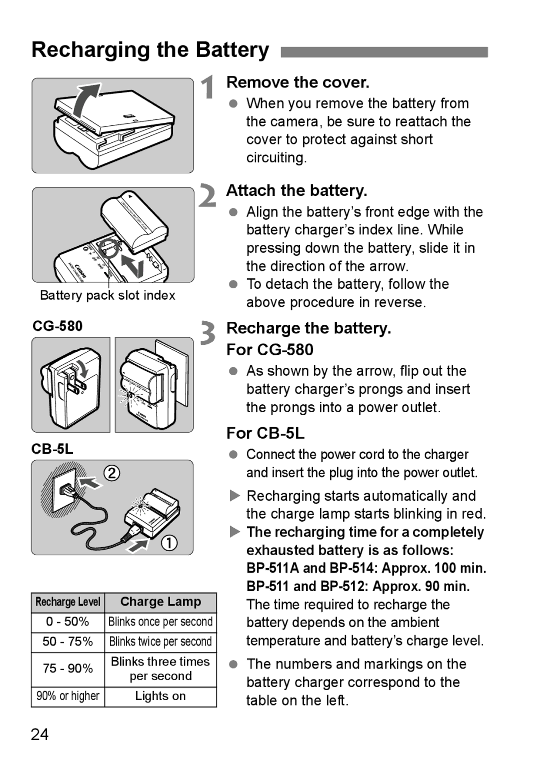 Canon EOS40D Recharging the Battery, Remove the cover, Attach the battery, Recharge the battery For CG-580, For CB-5L 